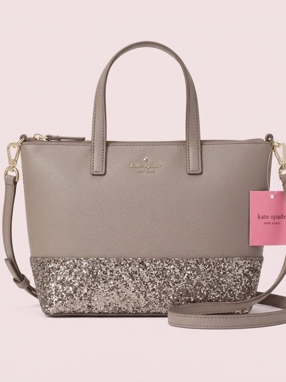 NWT Kate Spade Grey & Silver Glitter Tote Handbag w/ Crossbody Strap